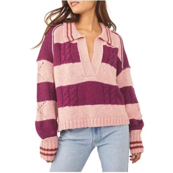 Free People Pembrook Striped Cable-Knit Collared Sweater - Picture 1 of 9